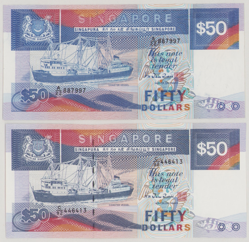 Singapore 50 Dollars, ND, A/22 887997, P22a, BNB B123a, UNC;
50 Dollars, ND, C/9...