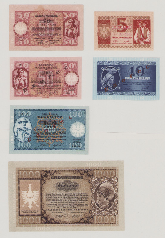 Slovenia 5 Lir, 28.11.1944, Ser.A 015387, PR4, BNB B104a, UNC;
50 Lir, 14.9.1944...