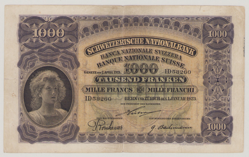 Switzerland 1000 Franken, 1.1.1923, Sign.8, 1D 58260, P30, BNB B320a, F/VF

Esti...