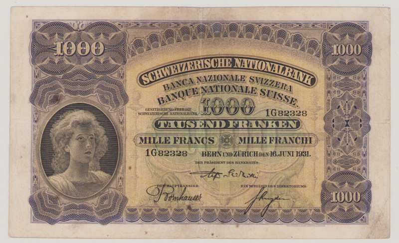 Switzerland 1000 Franken, 16.6.1931, Sign.16, 1G 82328, P37c, BNB B321c, VF

Est...