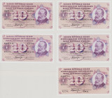 Switzerland, 10 Francs, 23.12.1959, Sig. 41, 15.5.1968, Sig.42, 15.1.1969, Sig.42, 5.1.1970, Sig.45, 7.2.1974, Sig.42, P45e,n,o,p,t, BNB B331e,n,o,p,t...