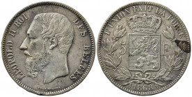 BELGIO. Leopoldo II (1865-1909). 5 Francs 1868. Ag. KM#24. BB+