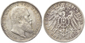 GERMANIA. Wuerttemberg. Guglielmo II. 3 Mark 1909. Ag. qSPL