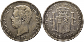 SPAGNA. Amedeo I. 5 pesetas 1871. Ag. BB
