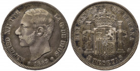 SPAGNA. Alfonso XII. 5 pesetas 1883. Ag. BB+