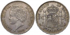 SPAGNA. Alfonso XIII. 5 pesetas 1892 (92). AG. Colpo al bordo. BB
