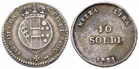 FIRENZE. Granducato di Toscana. Ferdinando III di Lorena (1791-1824). 10 soldi da 1/2 lira 1821. Ag (1,85 g). Gig. 49. SPL