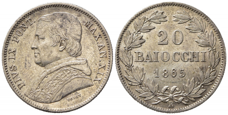 ROMA. Stato Pontificio. Pio IX (1846-1870). 20 baiocchi 1865 anno XIX. Ag (5,33 ...