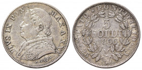 ROMA. Stato Pontificio. Pio IX (1846-1870). 5 soldi 1866 anno XXI. Ag (1,25 g - 16,2 mm). Gig. 312 NC. SPL