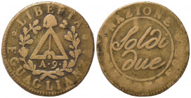 TORINO. Repubblica Piemontese (1798-1799). 2 Soldi anno 9. AE (10,80 g). C/rigato obliquo. Gig. 3a. Rara. MB-BB