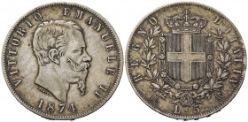 Vittorio Emanuele II (1861-1878). 5 lire 1874 M. Milano. Ag. BB