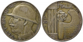 Vittorio Emanuele III (1900-1943). 20 lire "Elmetto" 1928. Ag. qBB