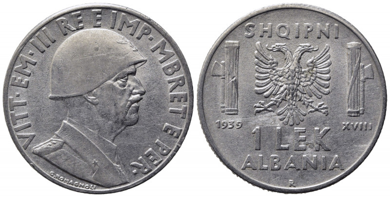 Vittorio Emanuele III (1900-1943). ALBANIA. 1 lek 1939 XVIII "magnetica". Gig. 6...