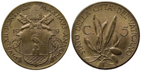 VATICANO. Pio XII (1939-1958). 5 centesimi 1939. Cu. qFDC