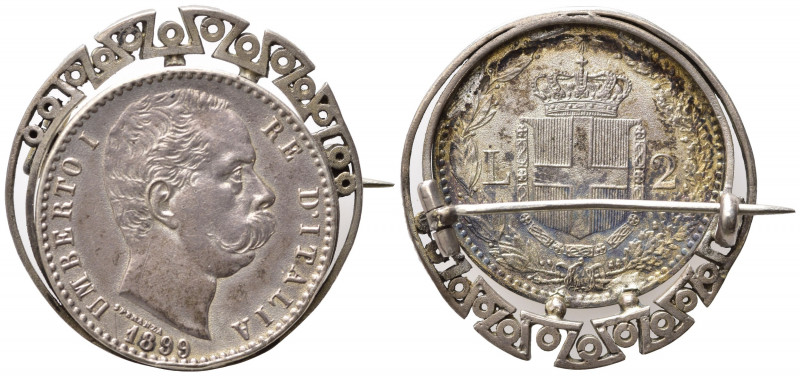 SAVOIA. Umberto I. 2 Lire 1899. Con montatura coeva su spilla. Ag (14,65 g).