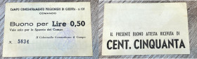 Campo Concentramento Prigionieri di Guerra. Buono da lire 0,50. Santarpia P.G. 101 (pag. 84) biglietti non riconosciuti, produzione anni '70. Buono st...