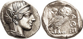 ATHENS, Tet, 449-413 BC, Athena head r/owl stg r, S2526; Choice Mint State, excellent metal with lt tone & underlying luster, perfectly centered & ver...
