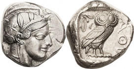 ATHENS, Tet, 449-413 BC, Athena head r/owl stg r, S2526; Choice EF, well centered on odd-shaped flan, some tiny edge splits, good bright metal; once m...