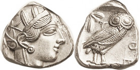 ATHENS, Tet, 449-413 BC, Athena head r/owl stg r, S2526; Choice EF, centered on a triangular shaped flan, good bright metal, yet again quite sharply s...