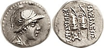 BAKTRIA Eukratides I, 171-135 BC, Obol, Helmeted head r/caps of the Dioscuri wit...