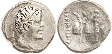 BAKTRIA Eukratides I, 171-135 BC, Obol, Diademed hd r/caps of the Dioscuri with ...
