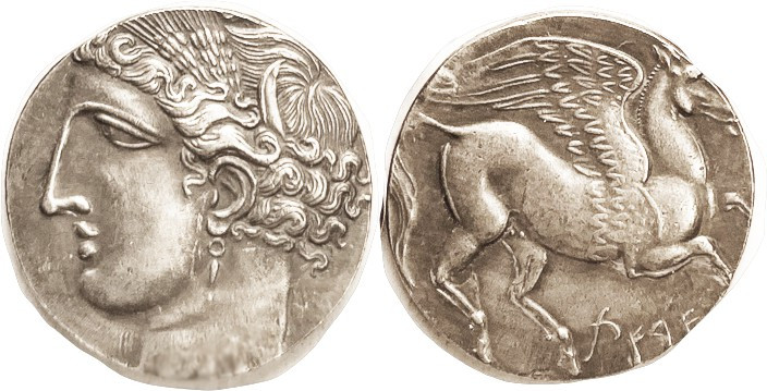 CARTHAGE, Dekadrachm, Tanit hd l./Pegasos rt, COPY, looks silver with lt tone bu...