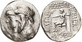 ELYMAIS, Kamnaskires III & Queen Anzaze, c. 82-80 BC, Ar Tet, Conjoined busts left, anchor behind/Zeus std l., lgnd around, S6171 (£1250); VF, well ce...