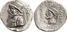 ELYMAIS, Kamnaskires V, 54-33 BC, Ar Tet, Bearded bust l., star above anchor/lgnd & bearded bust l, monogram PK retrograde below chin, Alr. 463 var ; ...
