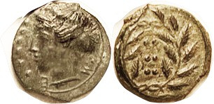 HIMERA, Æ15, 420-408 BC, Hemilitron, Nymph head l, IME (clear on this coin, unus...