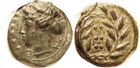 HIMERA, Æ15, 420-408 BC, Hemilitron, Nymph head l, IME (clear on this coin, unusual thus)/ 6 pellets in wreath, S1110; AEF, rev sl off-ctr, smooth dee...