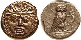 KAMARINA, Æ15 (Trias), 413-405 BC, Facing Gorgon head/Owl stg r hldg lizard, 3 p...