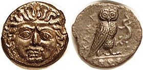 KAMARINA, Æ15 (Trias), 413-405 BC, Facing Gorgon head/Owl stg r hldg lizard, 3 pellets; AEF, centered, brown patina, good detail on face & owl. (A VF ...
