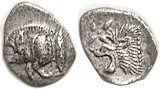 KYZIKOS, Hemiobol, 480-450 BC, boar forepart l, tunny behind/Lion head l, star above, as S3851 (£50); EF, centered on a sl unround flan, only a trace ...