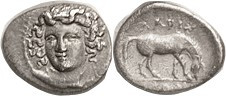LARISSA, Hemidrachm, 350-300 BC, Nymph head 3/4 l./ horse grazing r, S2127; VF, centered on elongated flan, decent metal with only faint graininess, n...