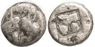 LESBOS, billon Diobol or 1/12 Stater, 1.14 gms, c.500-450 BC, 2 boar hds face-to-face/ incuse square, S3488 (£140); F, centered & clear, mildly granul...