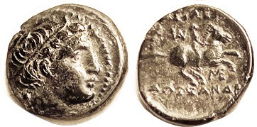 MACEDON, Alexander the Great, Æ19, Apollo hd r/ horseman r, monograms above & be...