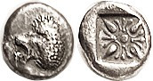 MILETOS, Same as previous; F-VF/VF, nrly centered with full lion head, decent me...