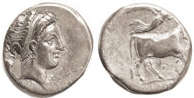 NEAPOLIS (Campania), Nomos, 320-300 BC, Nymph head r/, grapes behind, S TA below/ Nike above man-headed bull r, K below, SNG ANS 362; VF/F, obv sl off...