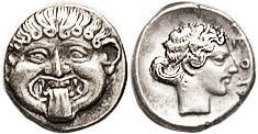 NEAPOLIS (Macedon), Hemidrachm, 424-350 BC, Facing Gorgoneion/nymph head r, lgnd...