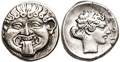 NEAPOLIS (Macedon), Hemidrachm, 424-350 BC, Facing Gorgoneion/nymph head r, lgnd at rt, S1417; EF/VF-EF, centered & well struck with strong detail, a ...