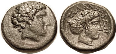 PHALANNA, Æ20, c. 350 BC, Young male head r/Nymph hd r, lgnd above (fully clear!...
