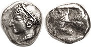 PHOKAIA, Diobol, c.521-478 BC, Archaic female head l./ rough incuse square; VF, ...