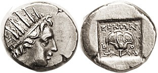 RHODES, Drachm, c.88-84 BC, Radiate Helios head r/ Rose in incuse square, ZENON,...