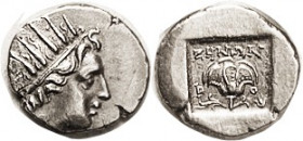 RHODES, Drachm, c.88-84 BC, Radiate Helios head r/ Rose in incuse square, ZENON, Isis crown; EF, obv centered low crowding chin, rev centered & well s...