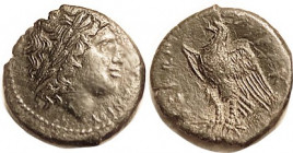 SYRACUSE, Hiketas, 287-278 BC, Æ21, Zeus head r/Eagle l, as S1212; VF/F+, sl ragged flan, obv a touch off-ctr, glossy dark green patina. (A VF sold fo...
