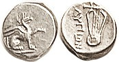 TEOS, Diobol, c.400 BC, Griffon std r/lyre, ALYPION; EF, nrly centered, well struck, good metal, very nice for this. (A VF brought $205 on $250 bid in...