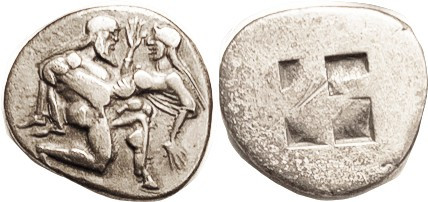 THASOS, Stater, 463-411 BC, Naked ithyphallic stater holding struggling nymph (r...