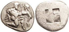 THASOS, Stater, 463-411 BC, Naked ithyphallic stater holding struggling nymph (reflecting pre #metoo culture)/4-part square, S1746; Choice VF+, well c...