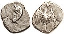 Persian period, Ar Gerah, (Yehud coinage), pre-333 BC, Large ear (of God?)/falcon, Hen.-1061; Nice VF, only sl crude, fully clear, decent metal with l...