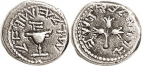 First Revolt, Shekel, Year 1, 66/67 AD, H-1354, Omer cup/3 pomegranates; VF, sl off-ctr, full strong obv lgnd, few letters wk on rev; excellent metal ...